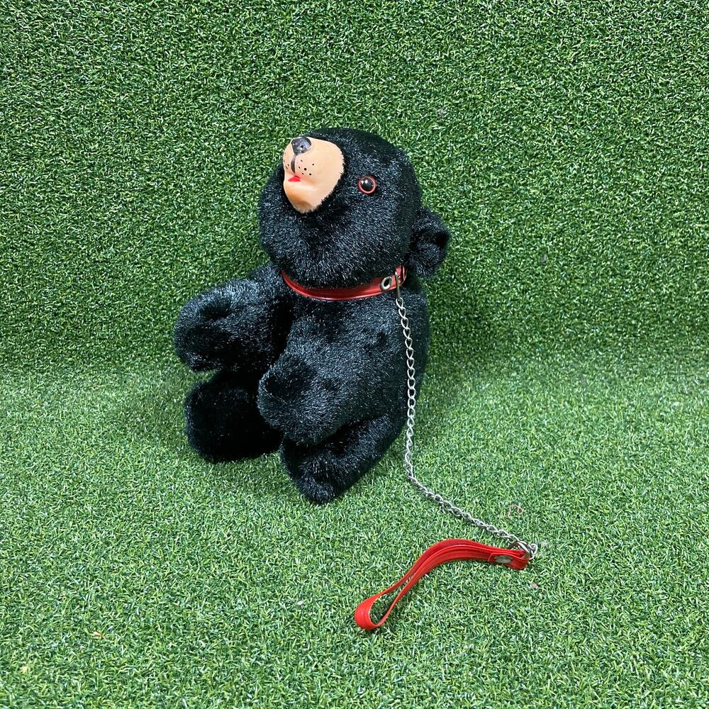 Vintage Japan Black Bear Plush Rubber Face Red Collar Chain Leash 1950s Toy
